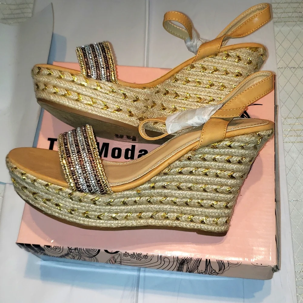 TOP Moda New ROYAL-1 Espadrille Platform Wedge Sandals Womens 10 NWT Gold Silver